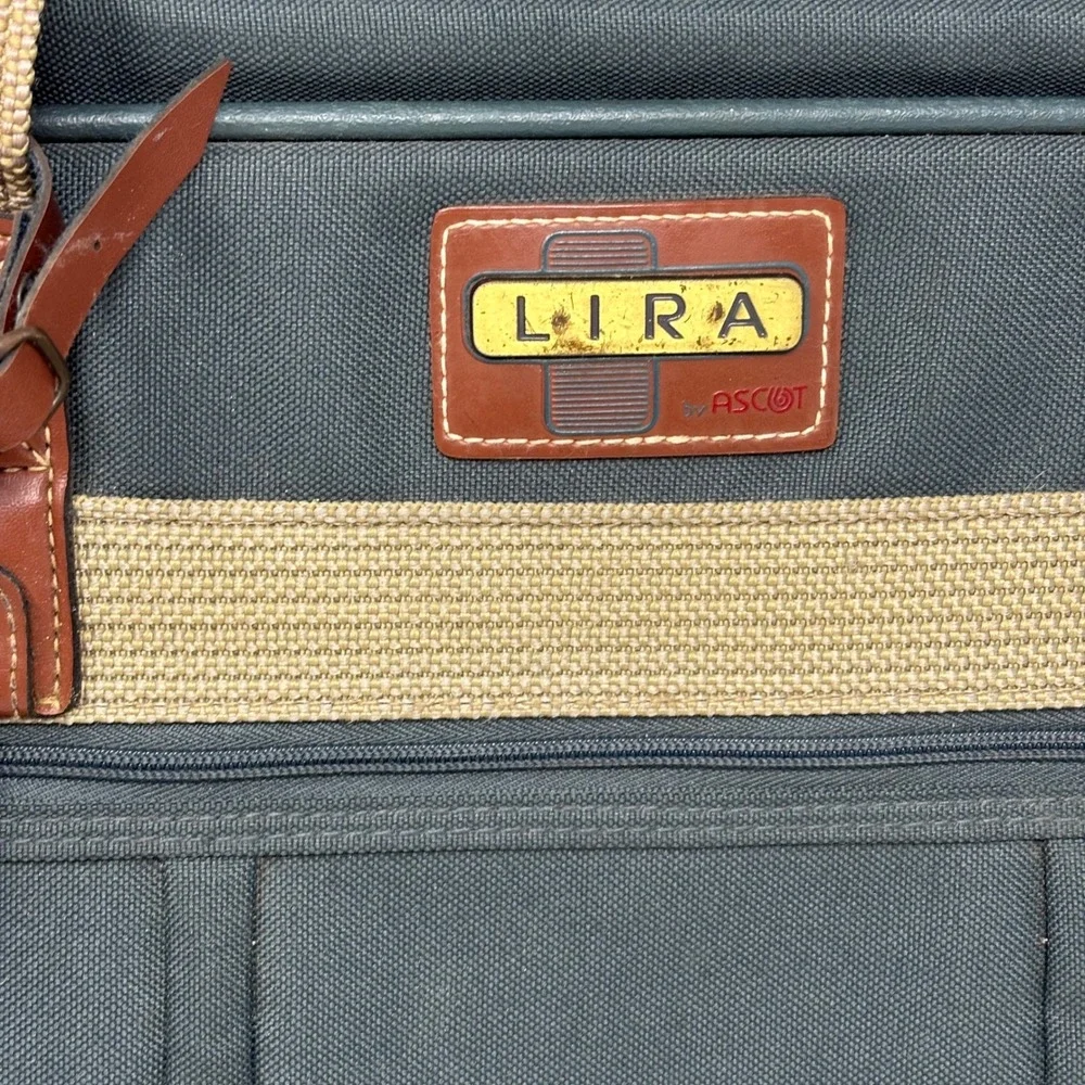 Lira by Ascot Vintage Canvas Briefcase Laptop Bag Green Brown Trim Carry On 20